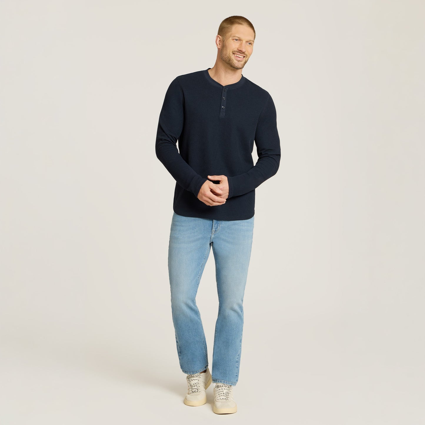 Cotton Waffle Curved Hem Henley